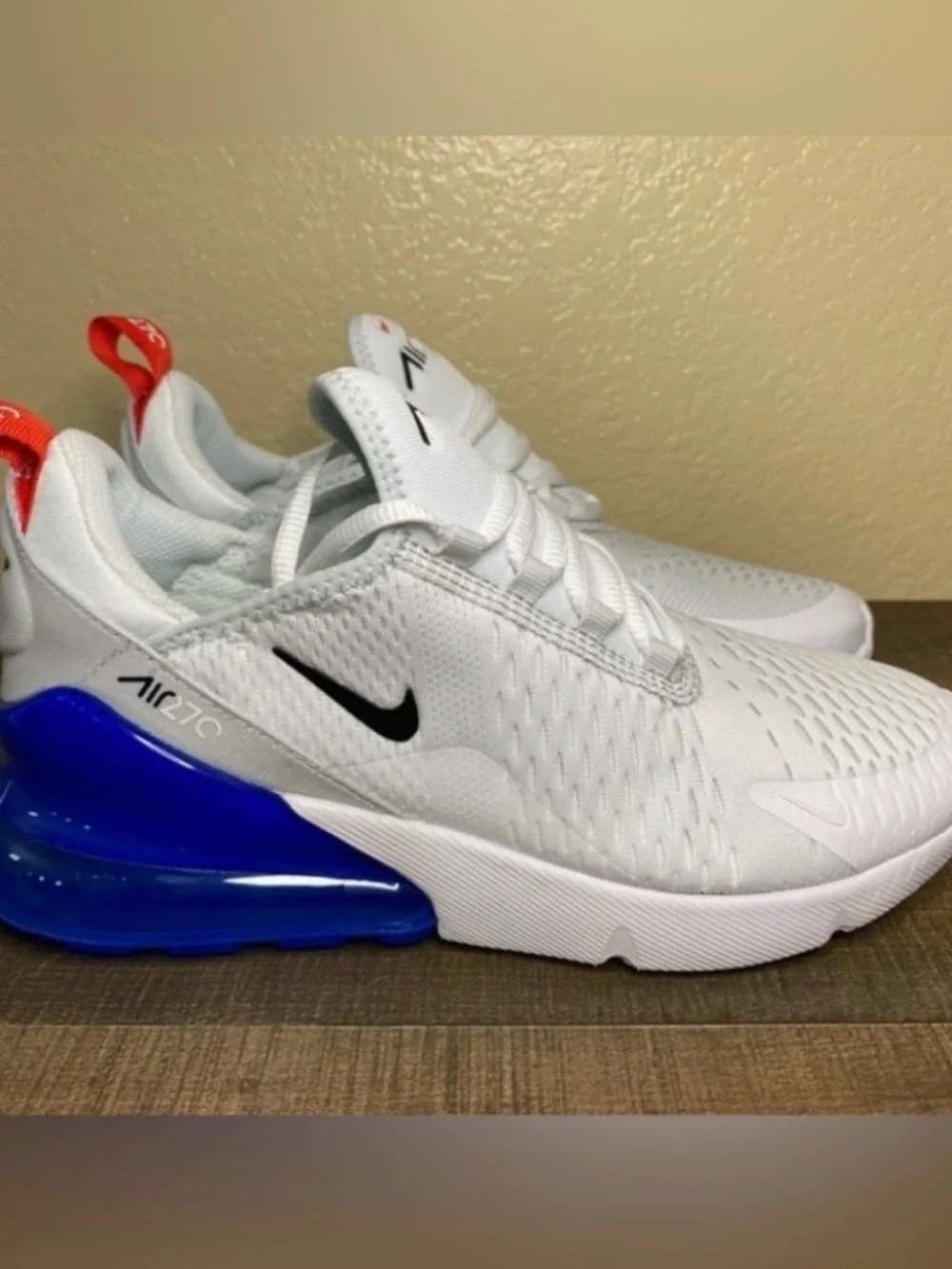 Nike Air Max 270 White with Blue Heel and Red Pull Tab